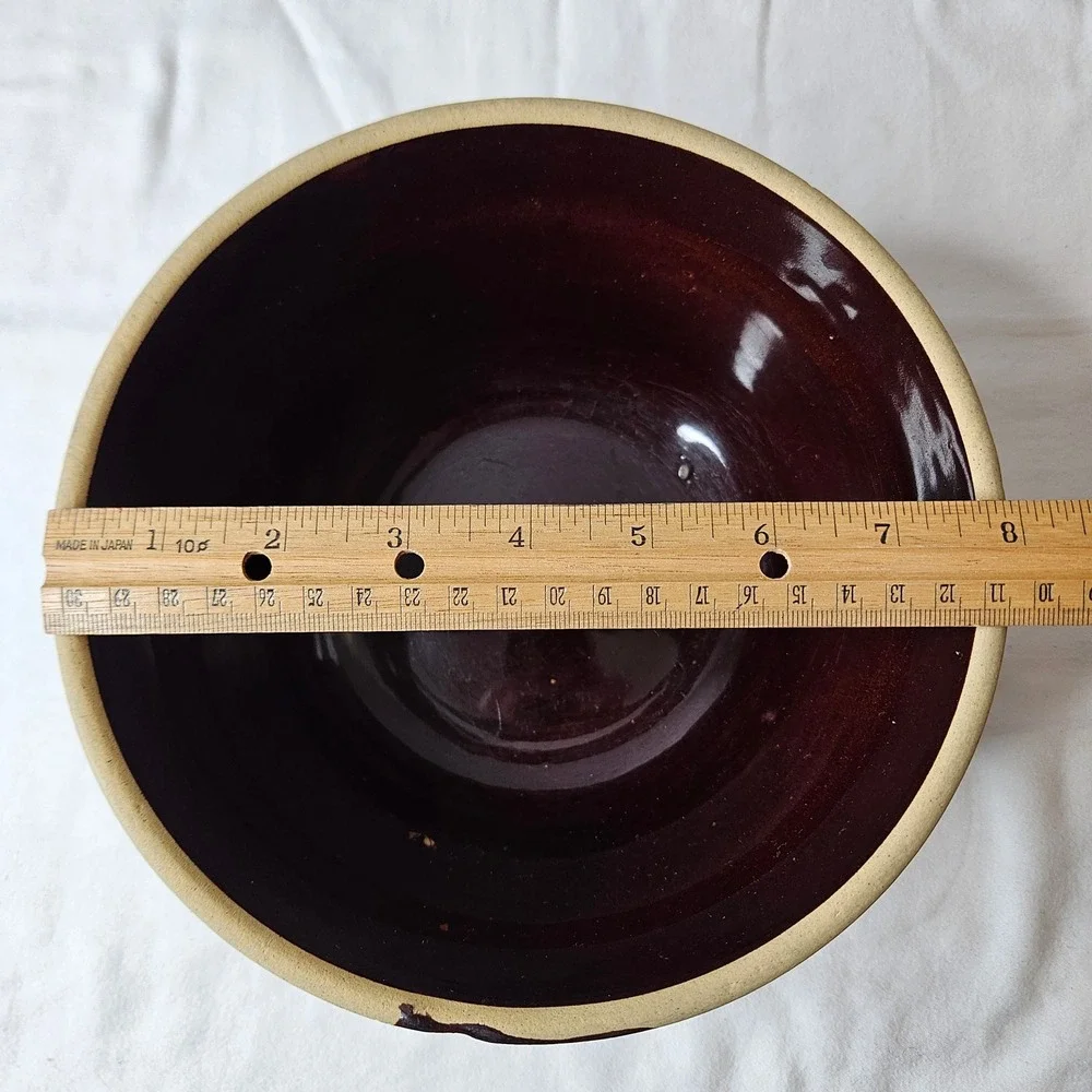 Vintage‎ USA 8 Inch Banded Stoneware Mixing Bowl Brown Blue Tan Ribbed Pottery